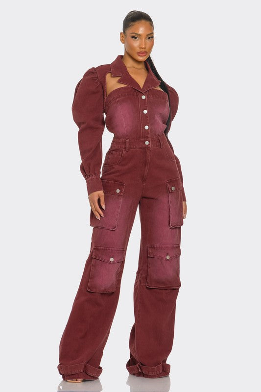 Burgundy Washed Utility Jumpsuit