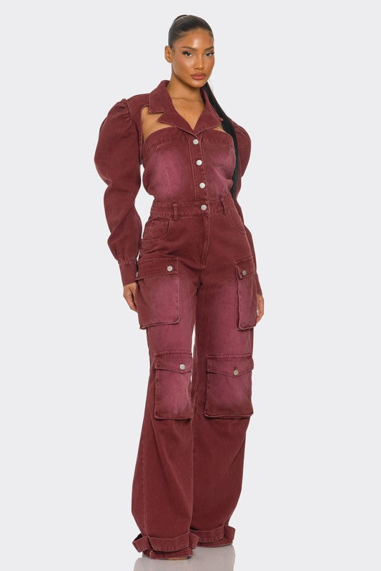 Burgundy Washed Utility Jumpsuit