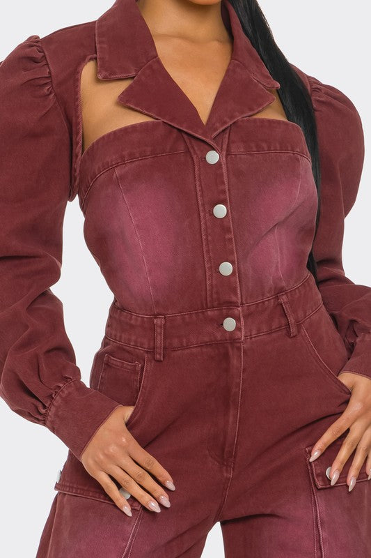 Burgundy Washed Utility Jumpsuit