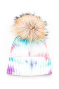 Large Genuine Fur Pom Tie Dyed Cotton Blend Beanie