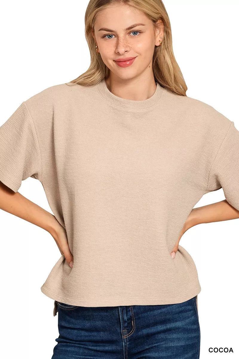 Full Size Double Knit Side Slits Hi Low Short Sleeve Top Plus Size