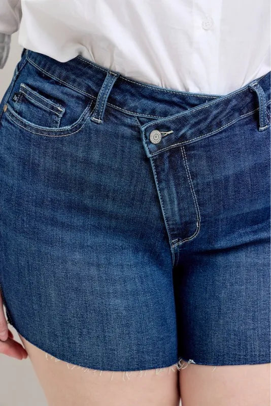 Plus Size High Waist Criss-Cross Waistband Denim Shorts