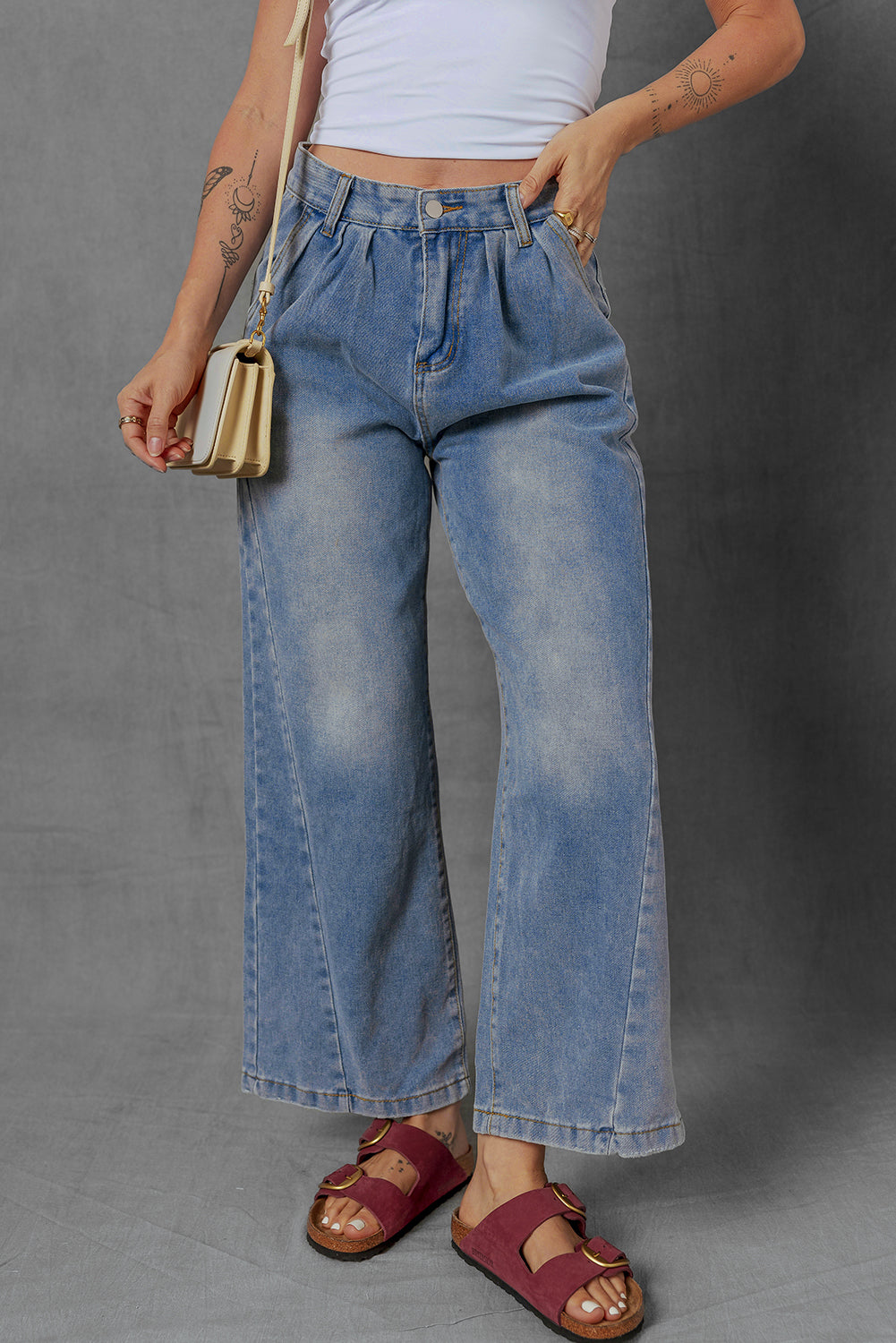 Washed Pleated Detail Wide Leg Jeans