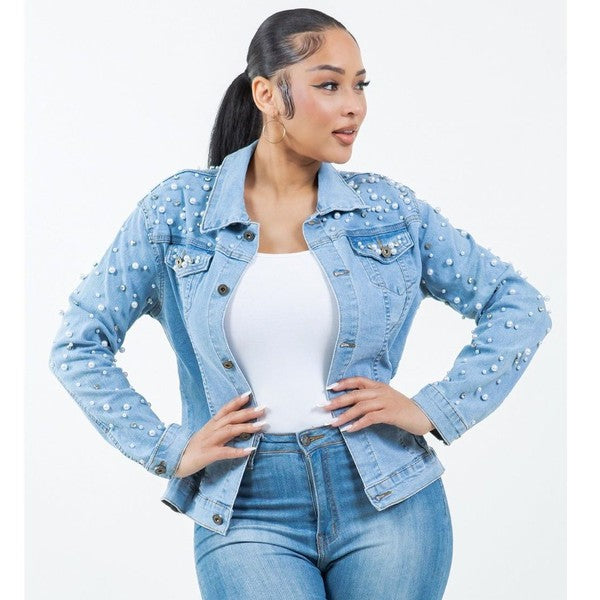 Radiant Pearls Rhinestone Jean Jacket Blue