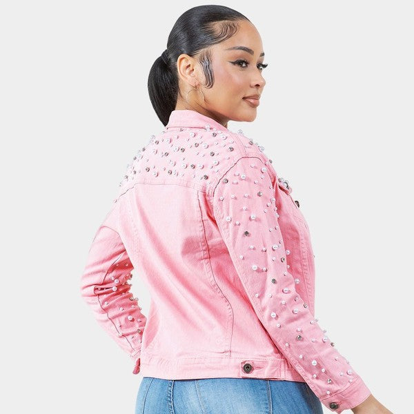 Radiant Pearls Rhinestone Deco Jean Jacket Pink