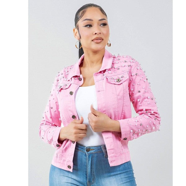 Radiant Pearls Rhinestone Deco Jean Jacket Pink
