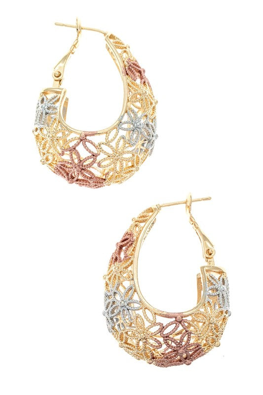3D Textured 3 Tone Laser Cut Hoop Earrings – Stylish Statement Jewelry