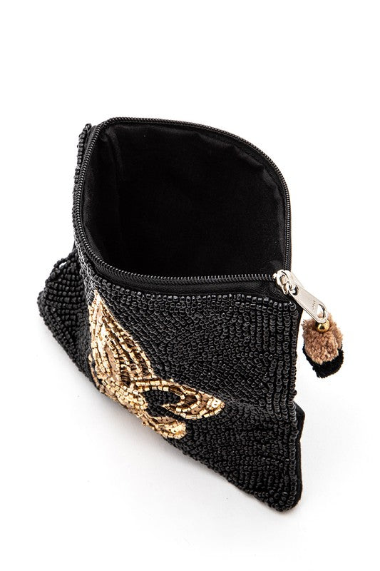 Beaded Sequins Pouch with Black Gold Fleur De Lis – Stylish Fashion Accessory