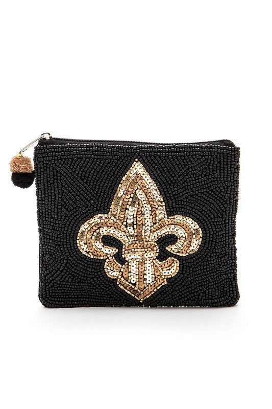 Beaded Sequins Pouch with Black Gold Fleur De Lis – Stylish Fashion Accessory