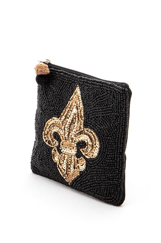 Beaded Sequins Pouch with Black Gold Fleur De Lis – Stylish Fashion Accessory