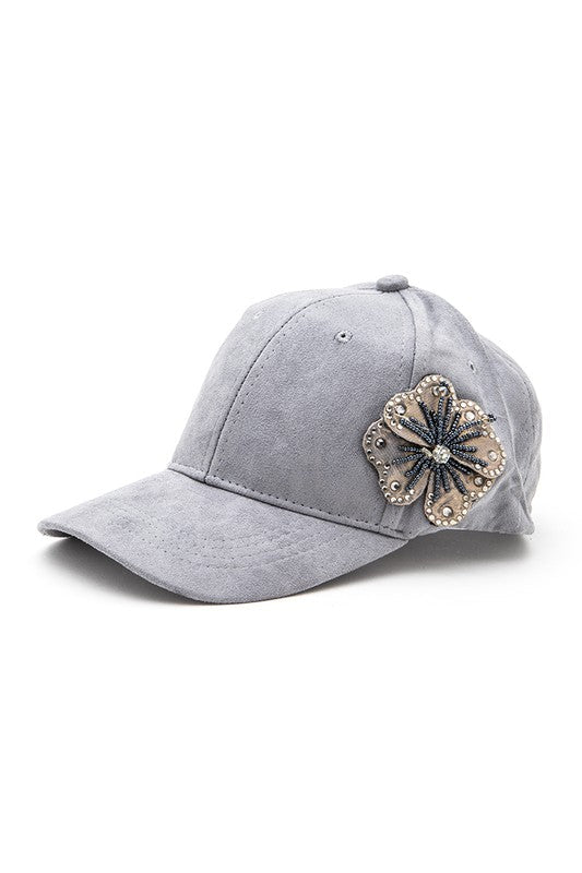 Beaded Flower Suede Fashion Cap