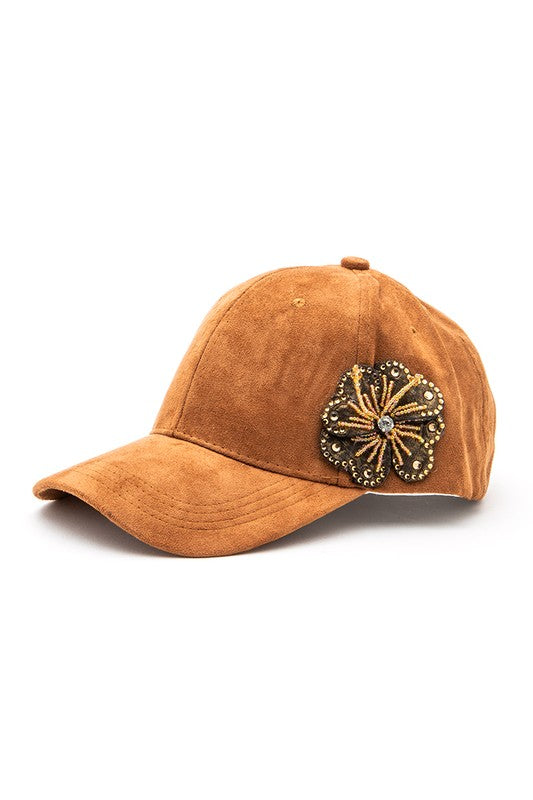 Beaded Flower Suede Fashion Cap