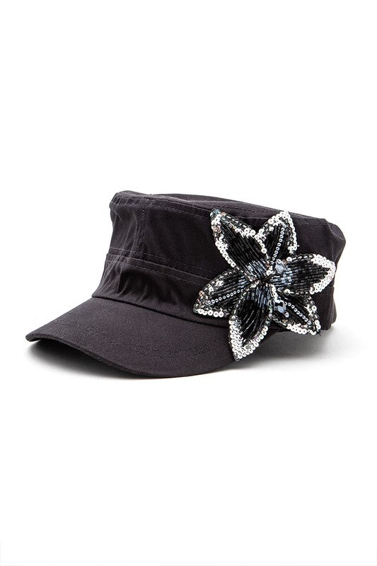 Beaded 3D Flower Statement Cadet Hat