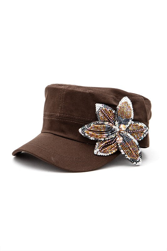 Beaded 3D Flower Statement Cadet Hat