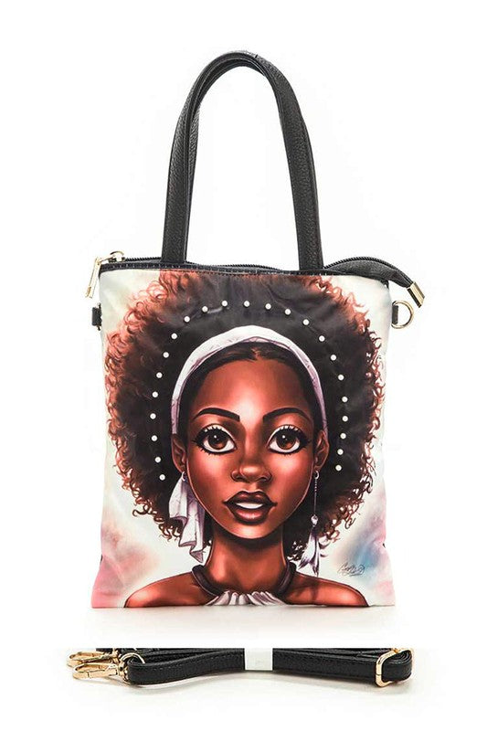 Pearl Embellished Girl Print Top Handle Bag