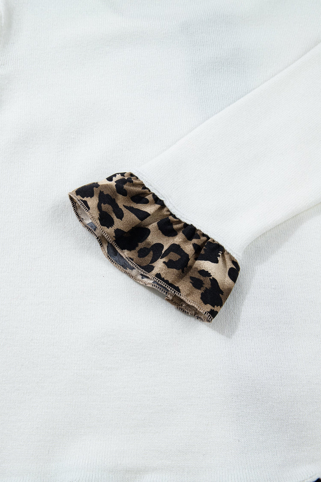 White Knitted Leopard Ruffle Patchwork Button Down Cropped Cardigan
