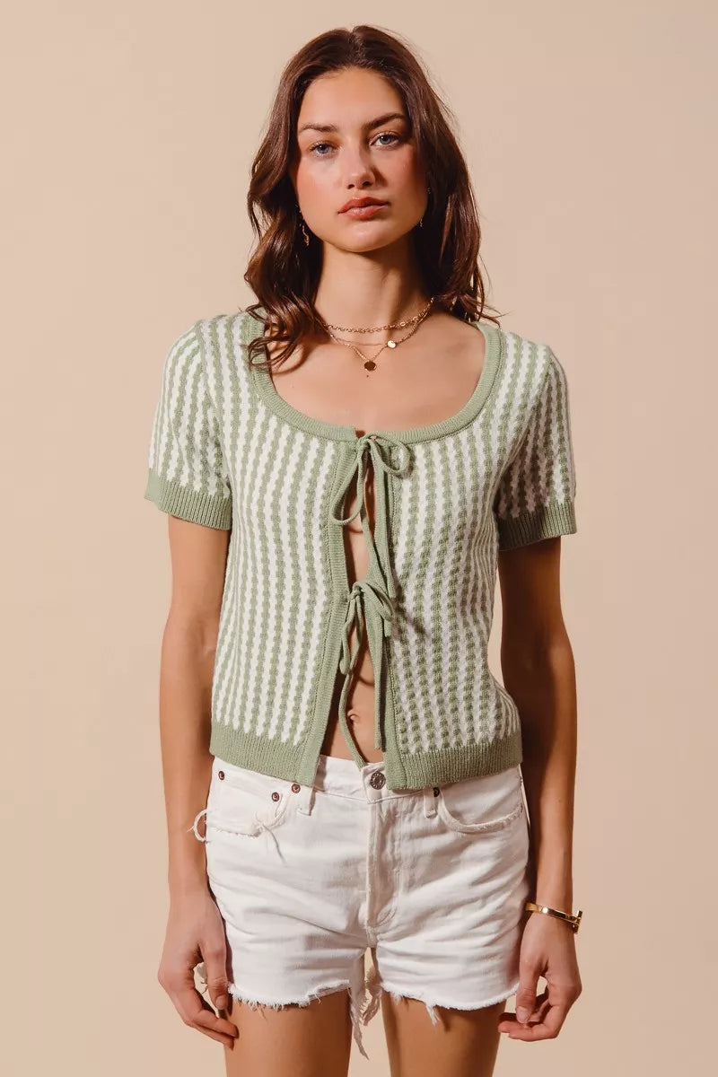 Tie Front Textured Vertical Stripe Knit Cardigan