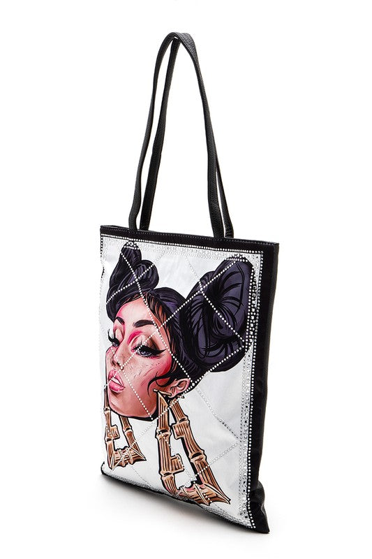 Crystal Embellished Cool Girl Print Tote Bag