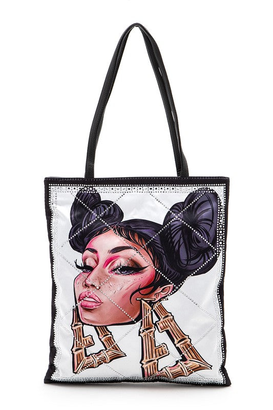 Crystal Embellished Cool Girl Print Tote Bag