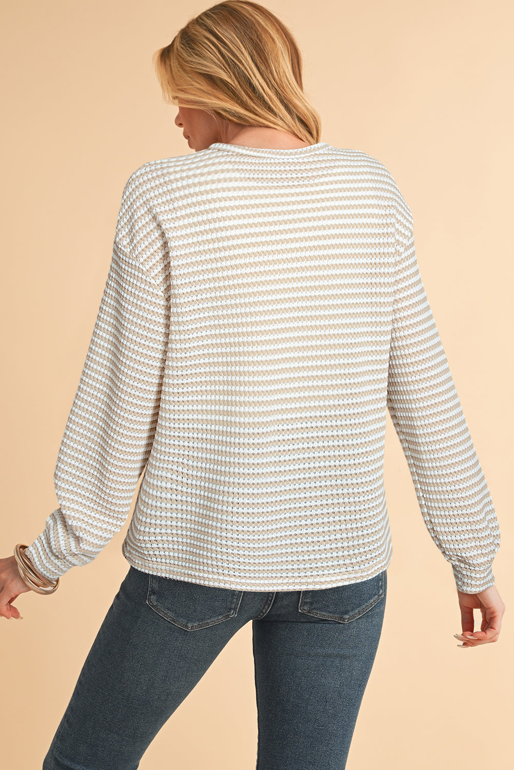 Khaki Stripe Round Neck Drop Shoulder Long Sleeve Top