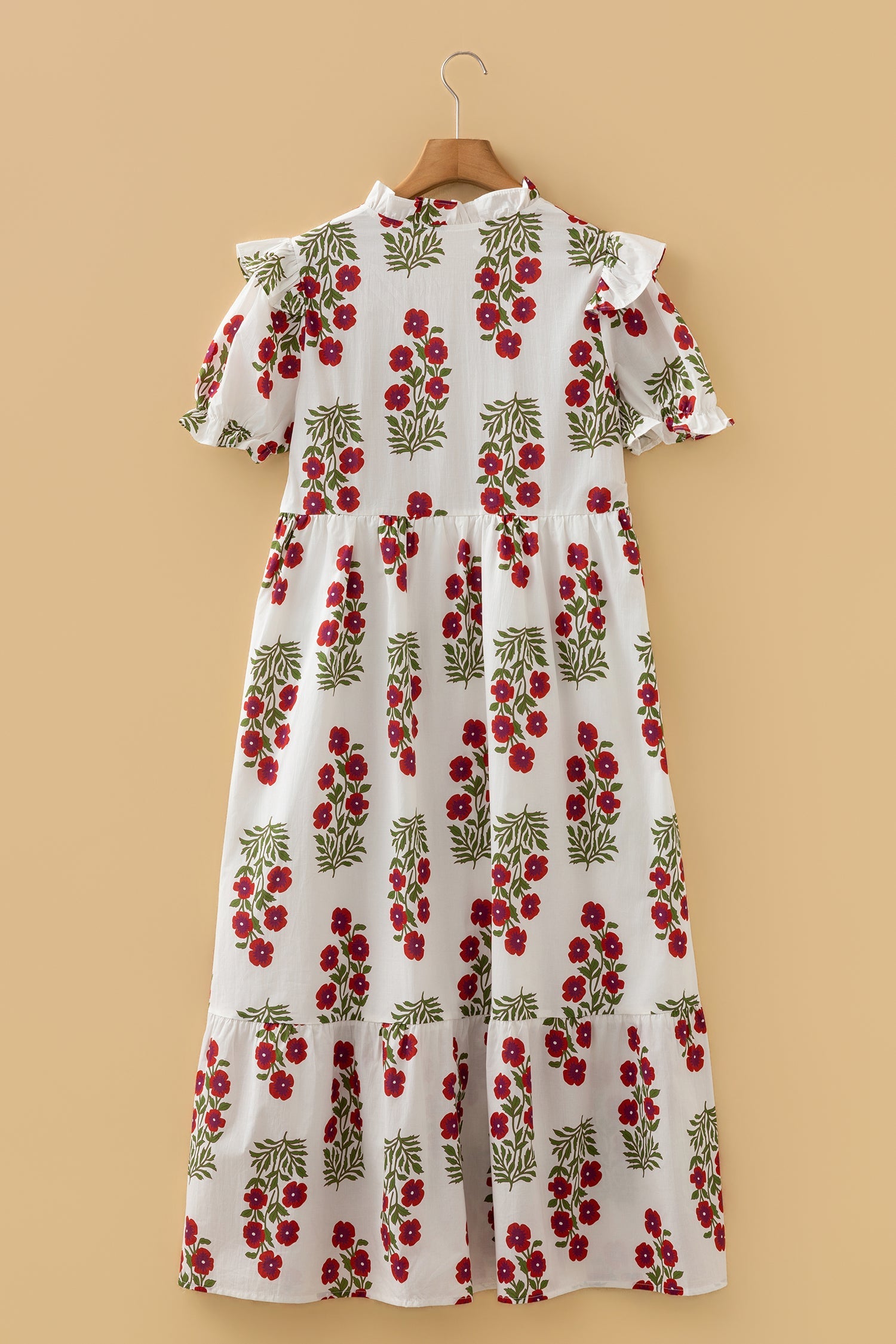 Beige Floral Short Bubble Sleeve Tiered Maxi Dress