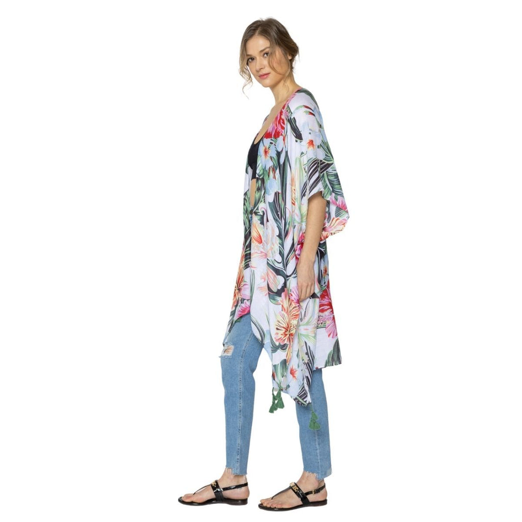 Women’s Kimono Tropical Green Tassel Stylish Casual Layered Cover-Up