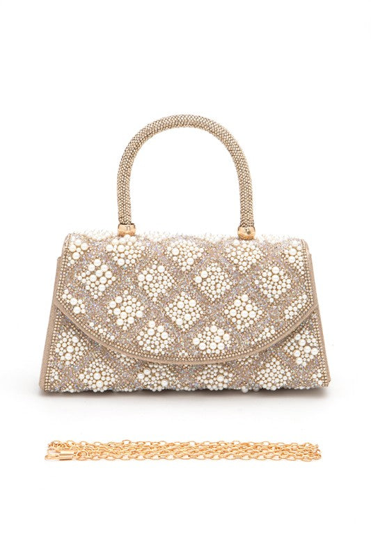 Rhinestone And Pearl Iconic Top Handle Clutch Bag
