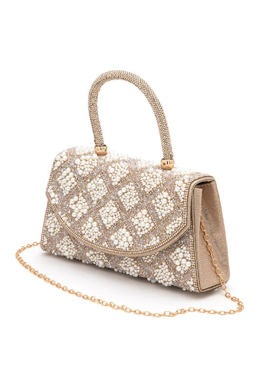 Rhinestone And Pearl Iconic Top Handle Clutch Bag