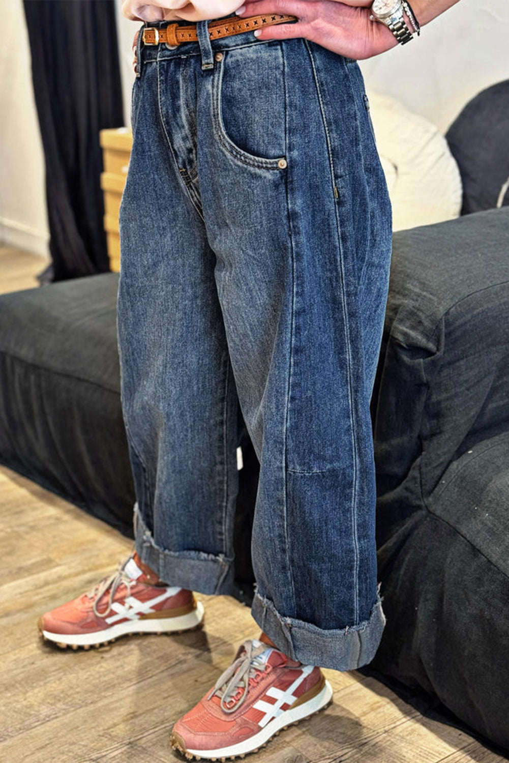 Stitched Raw Hem Wide Leg Loose Jeans