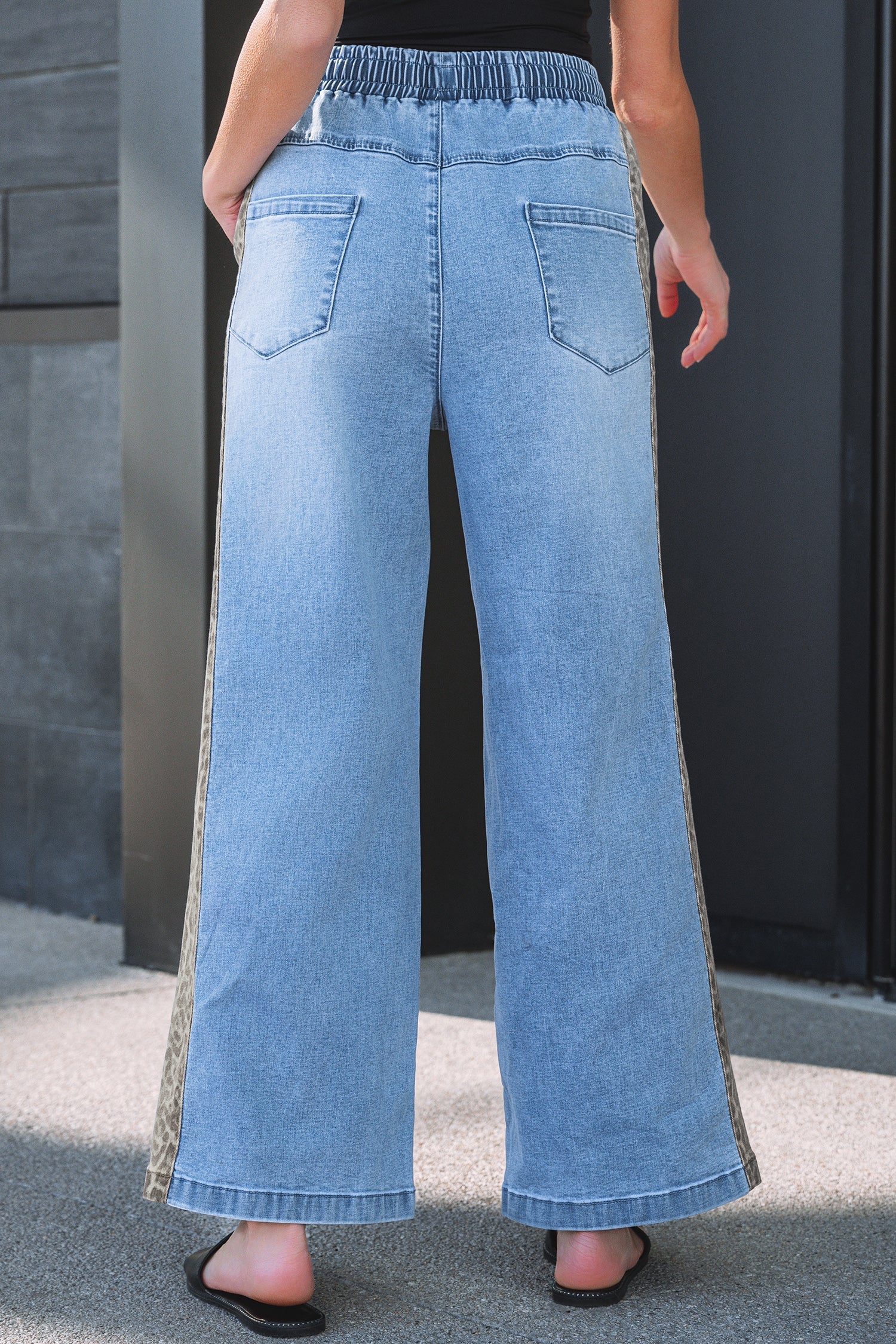 Beau Blue Drawstring Elastic Waist Leopard Striped Side Panel Wide Leg Jeans