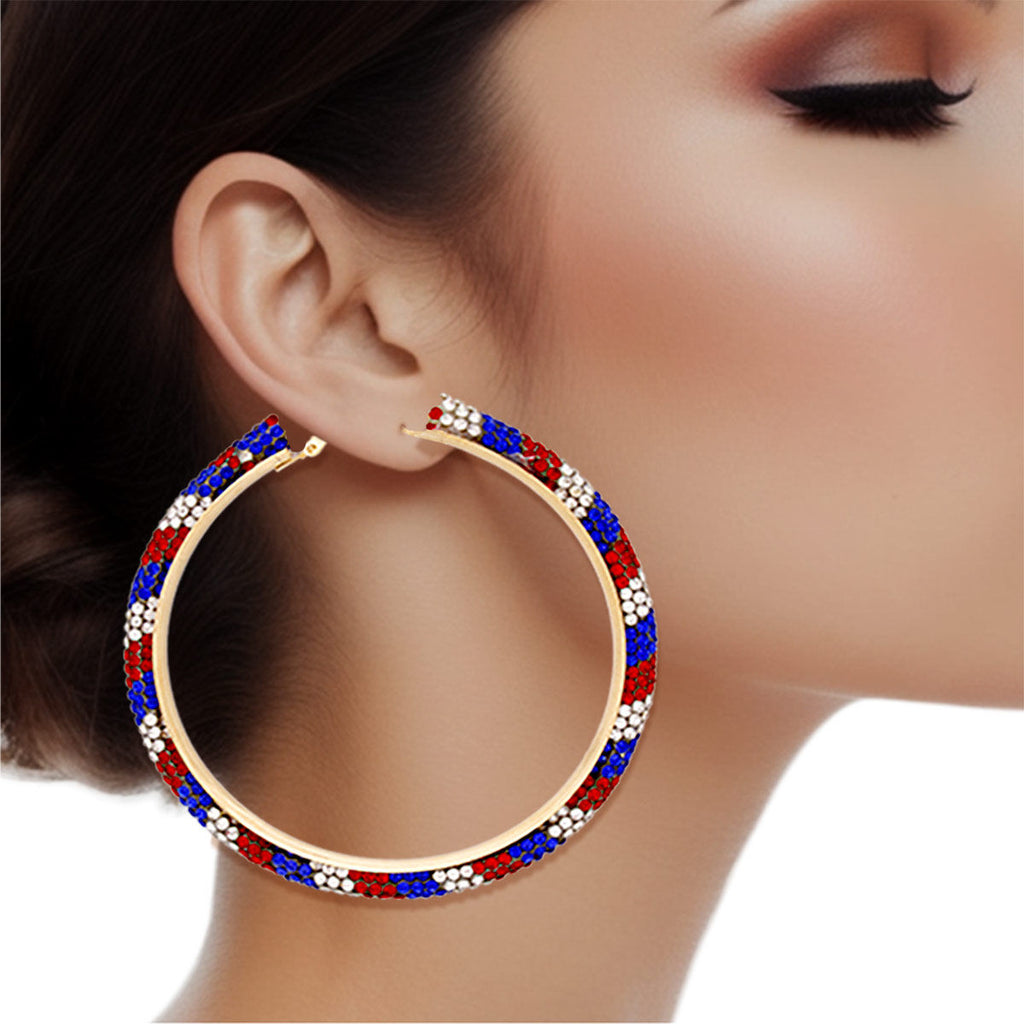 Statement Hoop Earrings 3" Tube Rhinestone Red White Blue Stylish