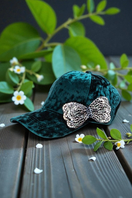 Sequin Bow Tie Distressed Velour Cap