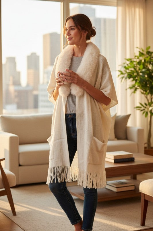 Faux Fur Lapel Long Cardigan