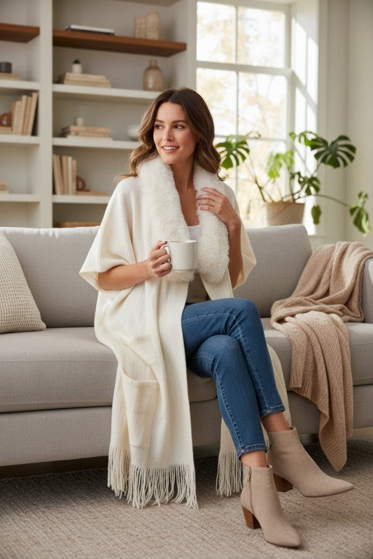 Faux Fur Lapel Long Cardigan