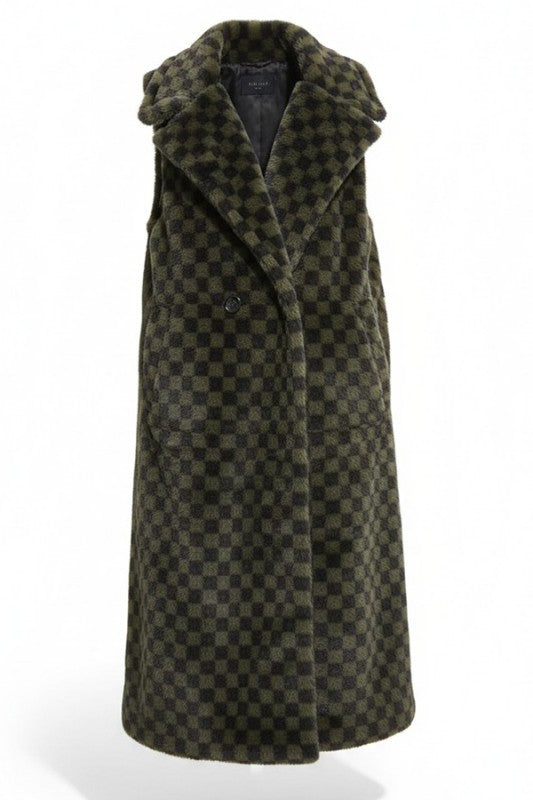 Faux Fur Checker Pattern Long Vest