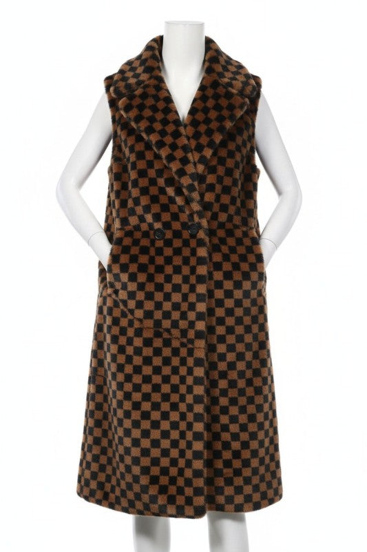 Faux Fur Checker Pattern Long Vest