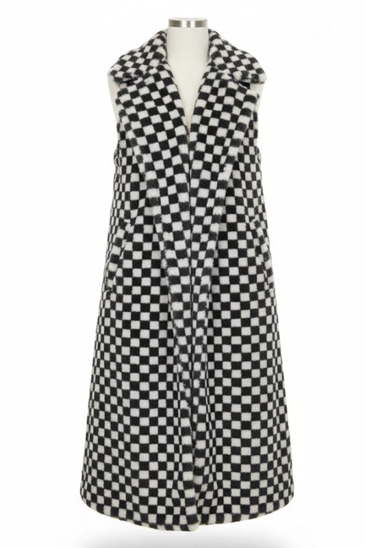 Faux Fur Checker Pattern Long Vest