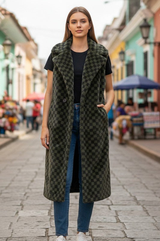 Faux Fur Checker Pattern Long Vest