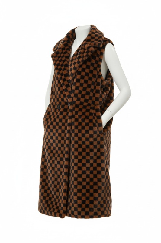 Faux Fur Checker Pattern Long Vest