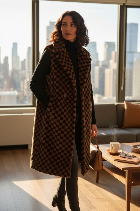 Faux Fur Checker Pattern Long Vest
