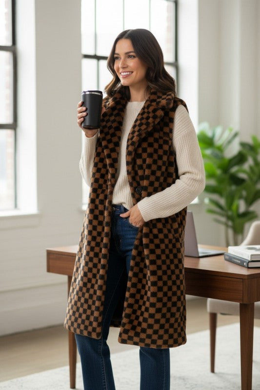 Faux Fur Checker Pattern Long Vest