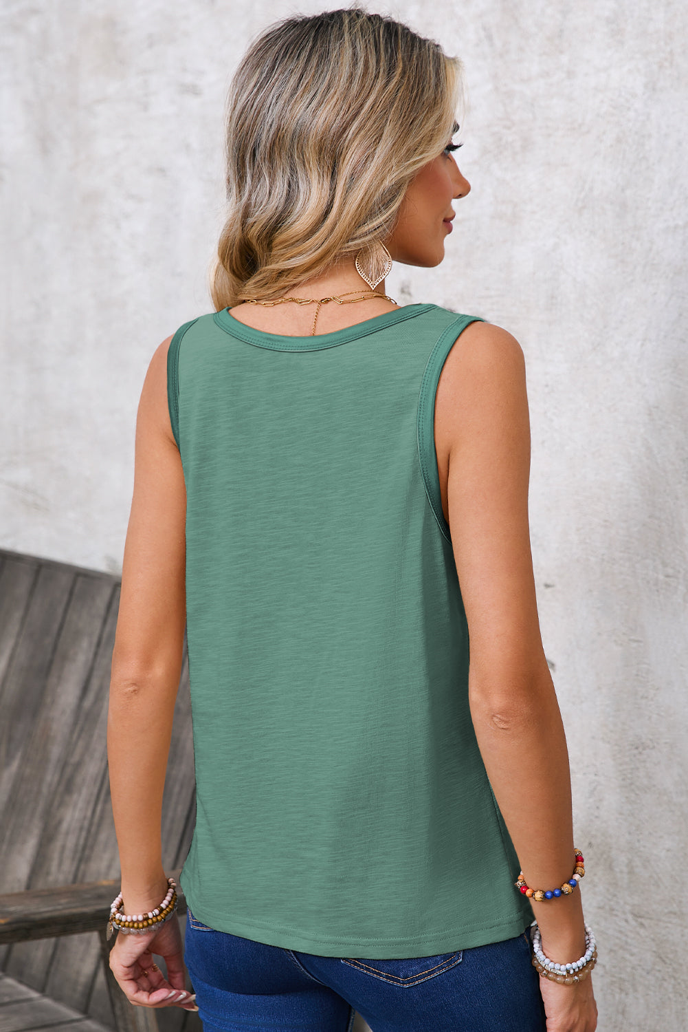 Peacock Blue Contrast Trim Round Neck Tank Top