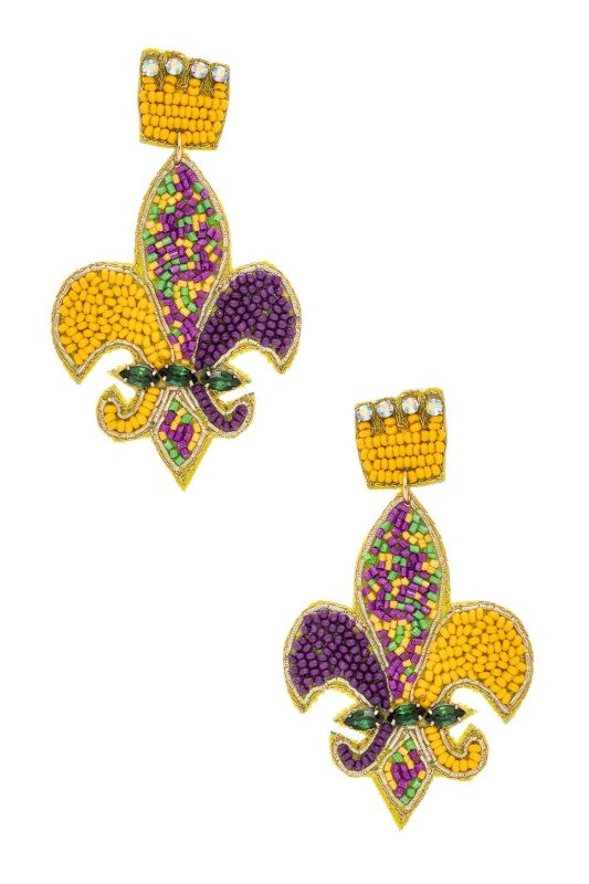 Beaded Fleur De Lis Earrings Mardi Gras Statement Jewelry