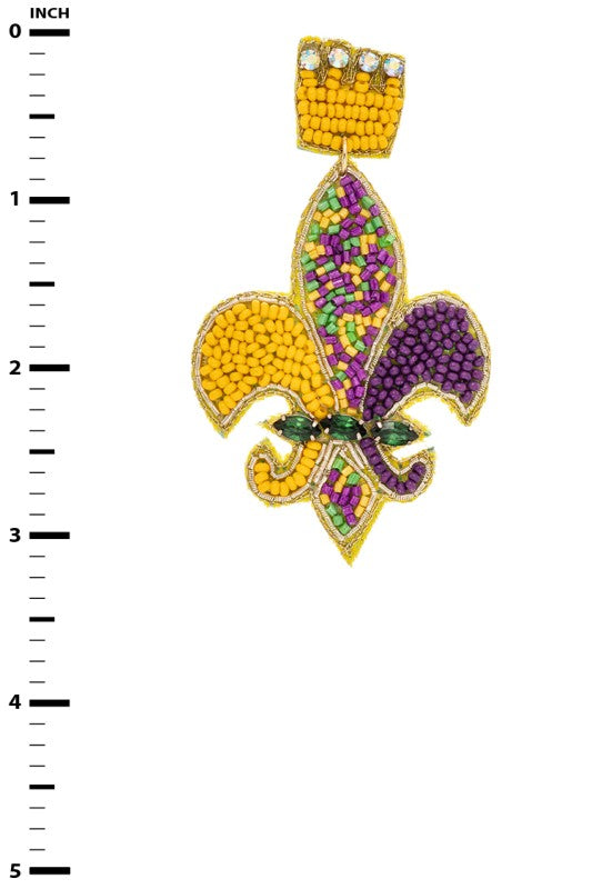 Beaded Fleur De Lis Earrings Mardi Gras Statement Jewelry
