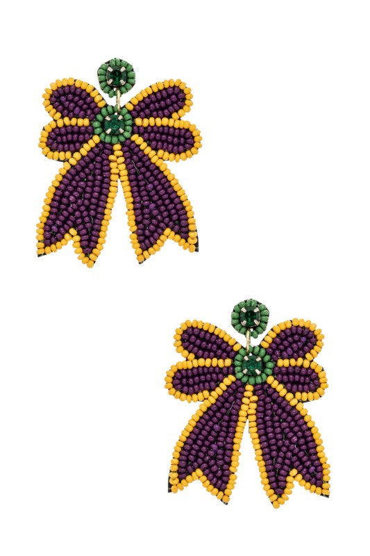 Beaded Bow Tie Earrings Mardi Gras Stylish Statement Jewelry