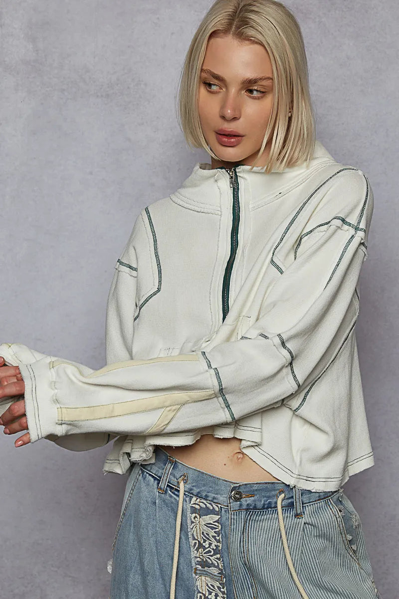 Contrast Stitching Zip Front Sweatshirt