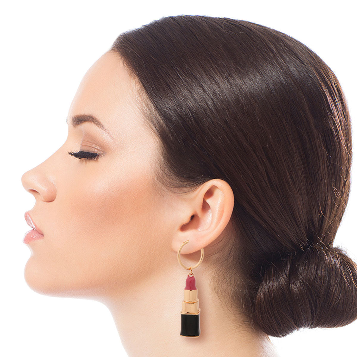 Hoop Earrings with Pink Lipstick Charm – Trendy Fashion Jewelry