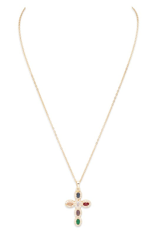 Bejeweled Mix Stone CZ Cross Pendant Necklace