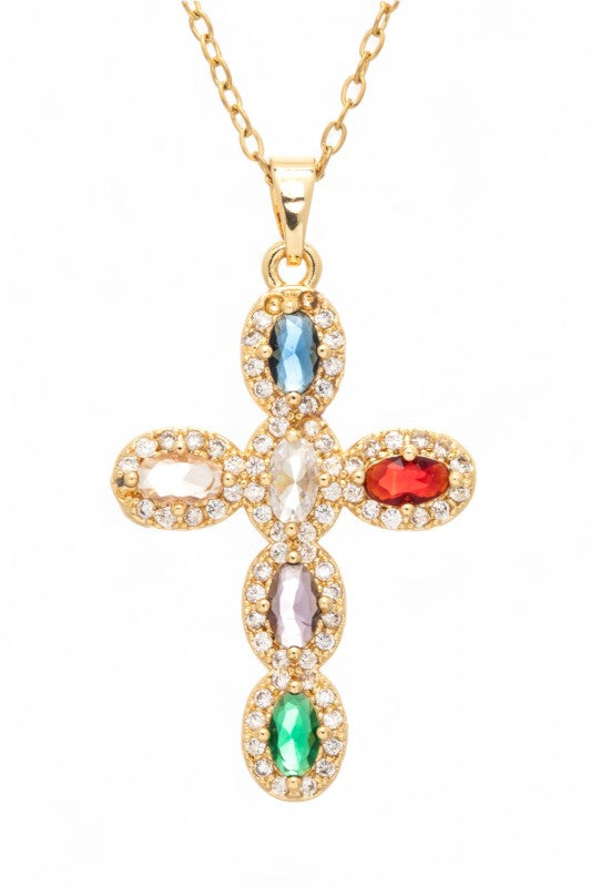Bejeweled Mix Stone CZ Cross Pendant Necklace