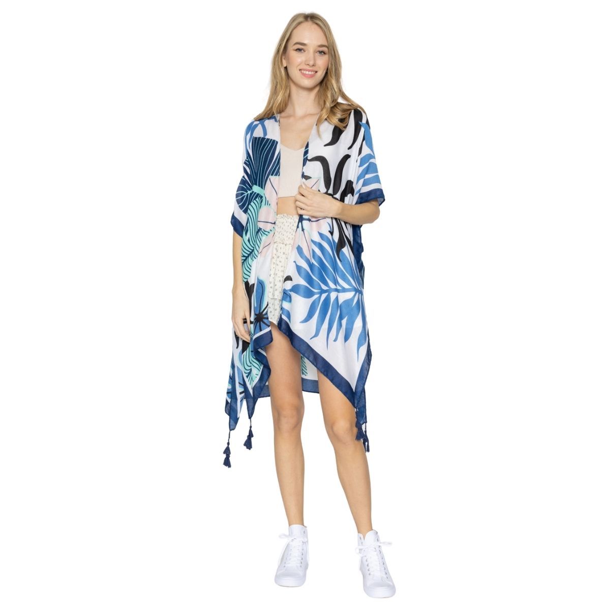 Women’s Navy Tropical Palm Tree Kimono – Stylish Casual Cover-Up